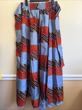Patchwork Maxi Skirt in Light Blue and Red
